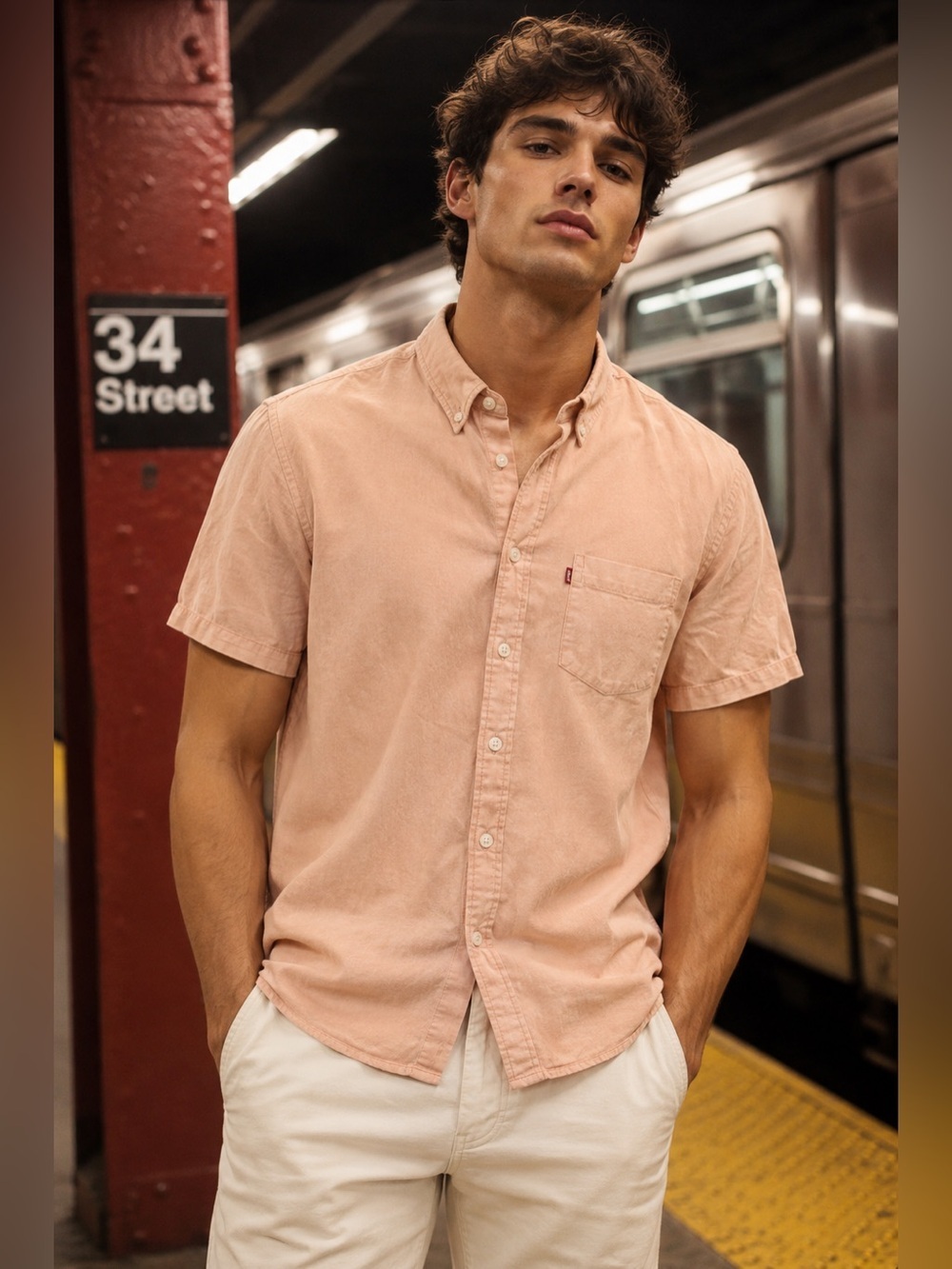 Levi’s standard button up shirt sleeve in light peach - M